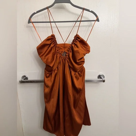 Rust Orange Satin Mini/Midi Dress with plunge neckline - Picture 1 of 3